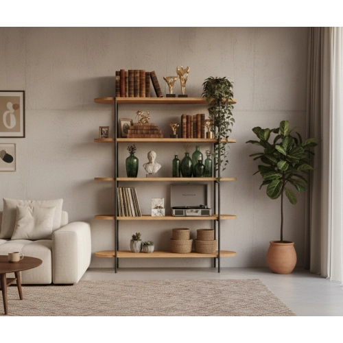 REGAŁ NA KSIĄŻKI 5 POZIOMOWY METALOWY DREWNO LITE DĄB JESION OLCHA  RNK-191